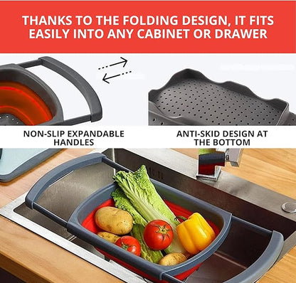 Set of 3 Red Food Strainer for Kitchen - Silicone Sieve Small Foldable Colander for Pasta and Spaghetti Multifunctional Silicone Collapsible Strainer for Camping - Image 6