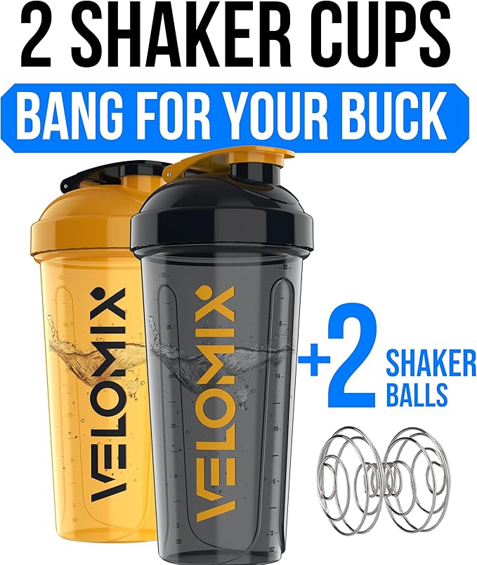 VELOMIX -2 Pack- 28 oz Protein Shaker Bottles for Protein Mixes - 2x Wire Whisk | Leak Proof Shaker Cups for Protein Shakes and Pre Workout | Protein Shaker Bottle Pack (A8) Golden Stone