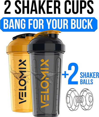 VELOMIX -2 Pack- 28 oz Protein Shaker Bottles for Protein Mixes - 2x Wire Whisk | Leak Proof Shaker Cups for Protein Shakes and Pre Workout | Protein Shaker Bottle Pack (A8) Golden Stone
