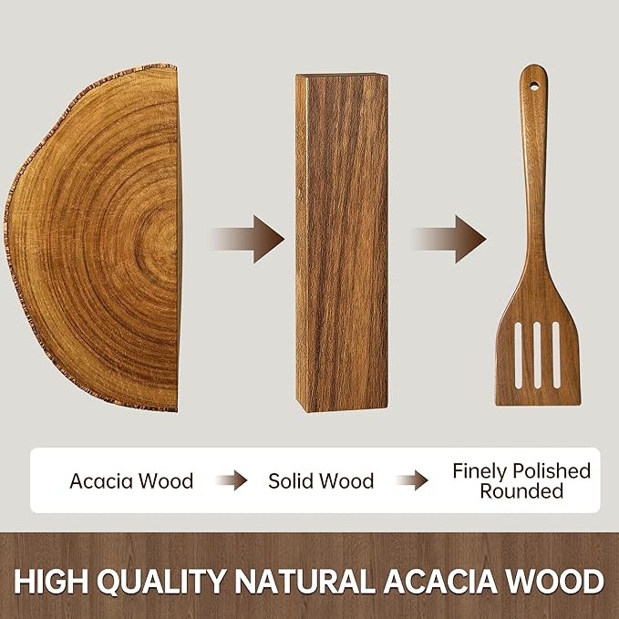 Wooden Utensil Set 8 Pcs - Natural Non-Toxic Acacia Wooden Spoons for Cooking, Nonstick, Sturdy, Non-Scratch, Easy to Clean, Wood Kitchen Utensils Set with Holder, Spoon Rest & 6 Hooks - Image 2