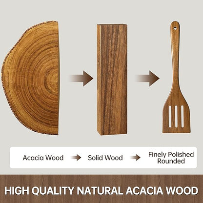 Wooden Utensil Set 8 Pcs - Natural Non-Toxic Acacia Wooden Spoons for Cooking, Nonstick, Sturdy, Non-Scratch, Easy to Clean, Wood Kitchen Utensils Set with Holder, Spoon Rest & 6 Hooks - Image 2