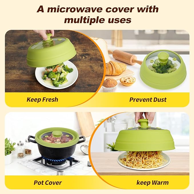 Microwave Splatter cover, Glass Microwave Cover for Food, 10.8 inch Guard Lid with Collapsible Silicone for 6-10 inch Plates & Bowls, Dishwasher Safe, 450°F Heat Resistant, BPA-Free, Green