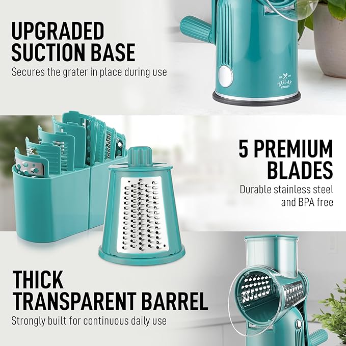 Zulay Kitchen Rotary Cheese Grater 5 Blade Cheese Shredder - Manual Hand Crank Cheese Grater With Reinforced Suction & 5 Interchangeable Drums - Easy to Use, Vegetable Chopper Round Mandoline Slicer - Image 8