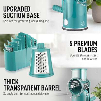 Zulay Kitchen Rotary Cheese Grater 5 Blade Cheese Shredder - Manual Hand Crank Cheese Grater With Reinforced Suction & 5 Interchangeable Drums - Easy to Use, Vegetable Chopper Round Mandoline Slicer - Image 8