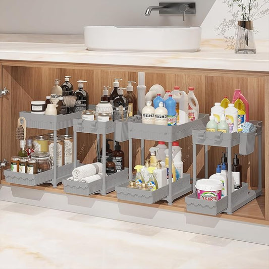 Sevenblue Under Sink Organizer, Bathroom Organizers and Storage, 2 Tier Multi-Use Pull Out Cabinet Organizer with Hang Hooks and Cups (Gray, 4 Pack) by Sevenblue