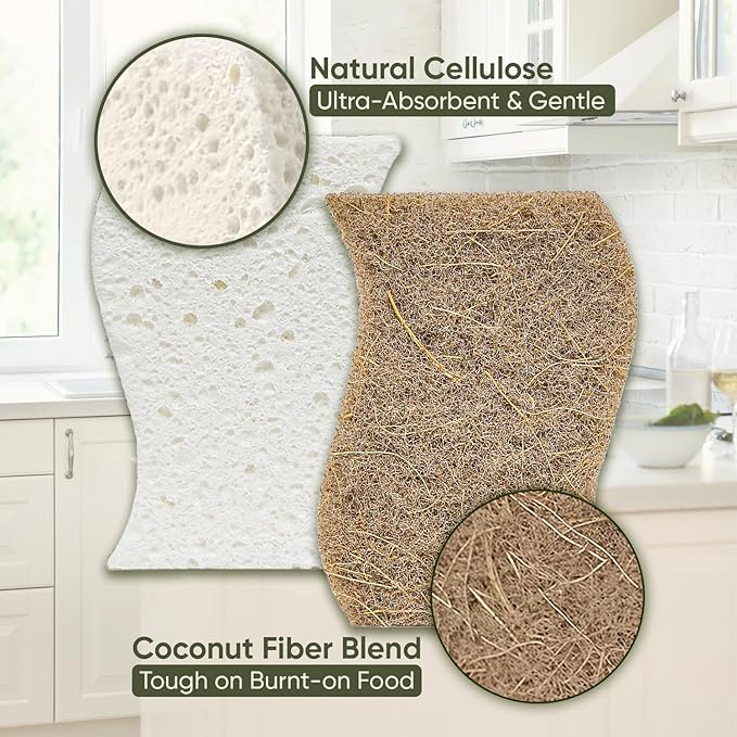Plant-Based Kitchen Sponges (12 Pack) | USDA Biobased Certified | FSC & PETA Approved | Natural Cellulose & Coconut Scrubber Sponge | S-Shaped Design | Eco-Friendly, Non-Scratch, Non-Toxic & Vegan - Image 3