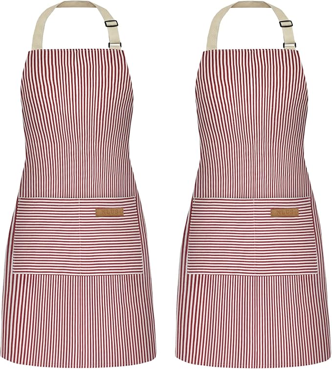 NLUS 2 Pack Cooking Aprons for Women with Pockets, Adjustable Kitchen Bib Aprons Chef Aprons for Women Men(Red Pinstripes) by NLUS