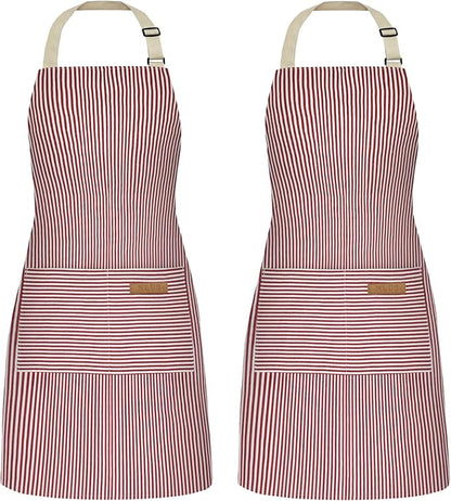 NLUS 2 Pack Cooking Aprons for Women with Pockets, Adjustable Kitchen Bib Aprons Chef Aprons for Women Men(Red Pinstripes) by NLUS