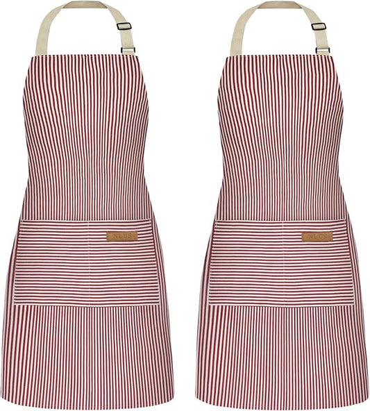 NLUS 2 Pack Cooking Aprons for Women with Pockets, Adjustable Kitchen Bib Aprons Chef Aprons for Women Men(Red Pinstripes) by NLUS