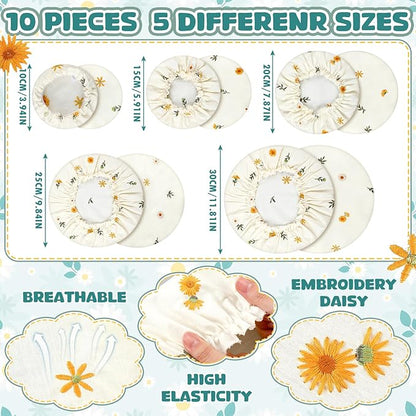 Patelai 10 Pcs Bowl Covers Reusable in 5 Size Stretch Cloth Fabric Elastic Food Storage Bowl Covers Bread Sourdough Lids for Proofing Food Fruits Leftover(Yellow, Green, White,Embroidery Daisy) - Image 3