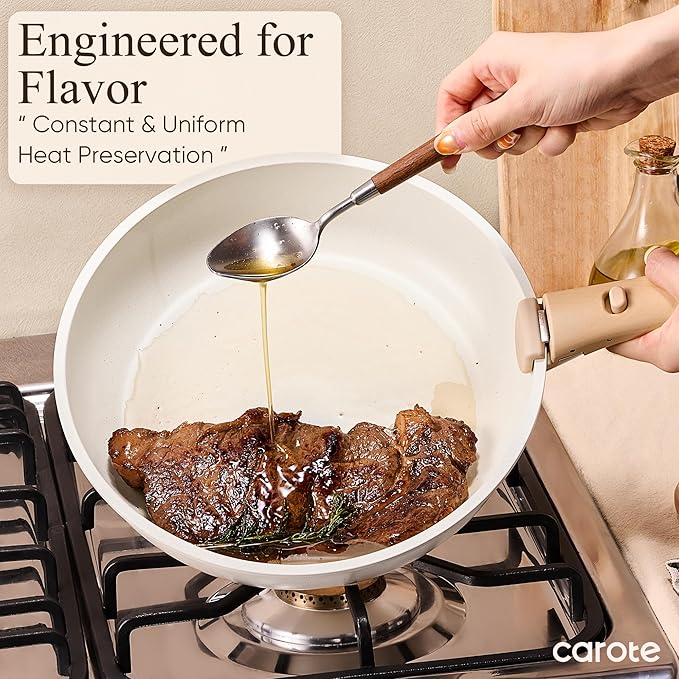 CAROTE Pots and Pans Set Non Stick, Cookware Sets, Kitchen Set, Oven/Dishwasher/Fridge Safe, Space Saving Pots Set, Nonstick Set with Versatile Detachable Handle, Induction RV Set, Cream - Image 3