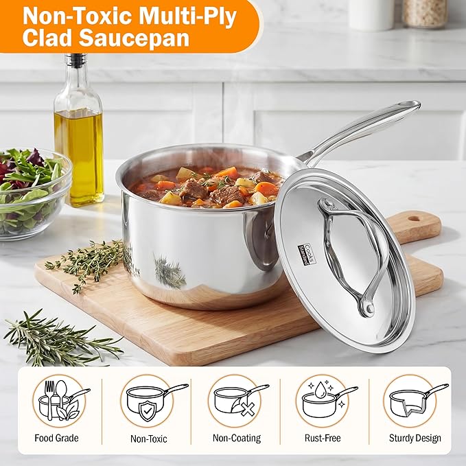 Cooks Standard Stainless Steel Sauce Pan with Lid, 3 Quarts Tri-Ply Clad Saucepan, Small Kitchen Induction Pot, Dishwasher & Oven Safe, Compatible with All Cooktops