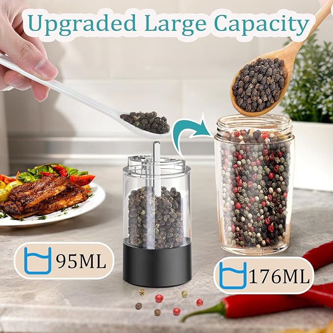 Gravity Electric Salt and Pepper Grinder Set, Automatic Salt Pepper Mill Grinder with Adjustable Coarseness, Large Capacity, LED Light & Easy Refill, USB Rechargeable Spice Grinders for Kitchen