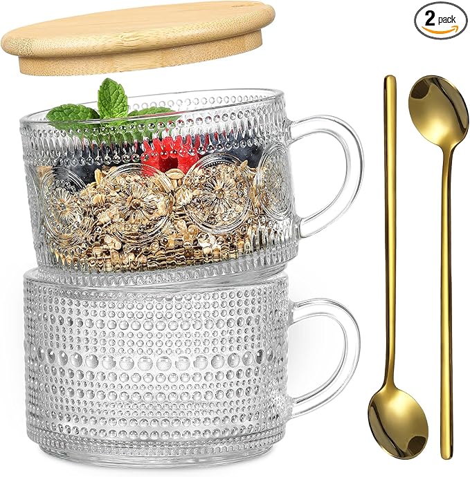 Vintage Coffee Mugs, Overnight Oats Containers with Bamboo Lids and Spoons - 14oz Clear Embossed Glass Cups, Cute Coffee Bar Accessories, Iced Coffee Glasses, Ideal for Cappuccino, Latte, 2 Pack by MakeLifeBetterEasier