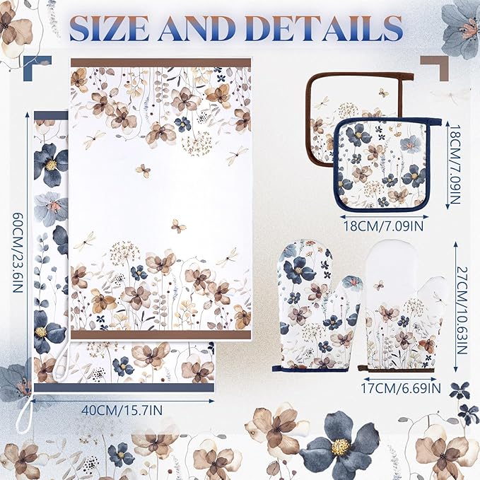 Teenyyou 6 Pcs Spring Brown Poppy Floral Kitchen Towels Oven Mitts and Pot Holder Sets Farmhouse Summer Wildflower Decoration for Home Cleaning Daily Kitchen Cooking Baking Grilling Gifts for Mother - Image 5