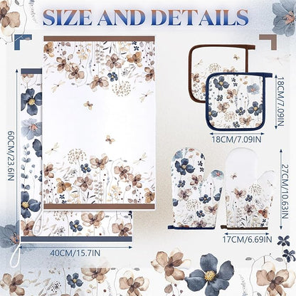 Teenyyou 6 Pcs Spring Brown Poppy Floral Kitchen Towels Oven Mitts and Pot Holder Sets Farmhouse Summer Wildflower Decoration for Home Cleaning Daily Kitchen Cooking Baking Grilling Gifts for Mother - Image 5