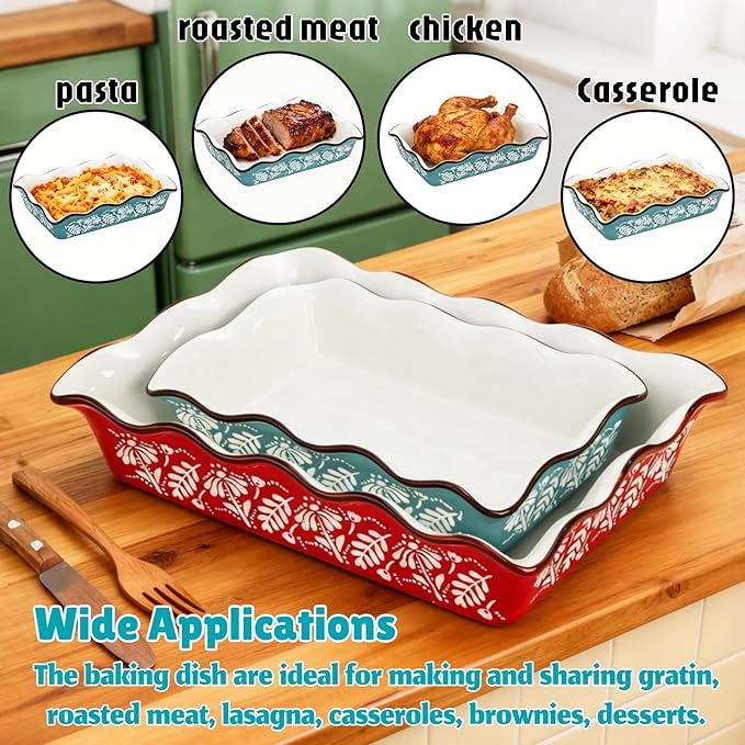 2 Pack Ceramic Baking Dishes, Large Rectangular Casserole Dish Lasagna Pan for Oven, Nonstick Deep Serving Dishes Roaster Bakeware Sets for Cooking, Home, Kitchen - Image 3