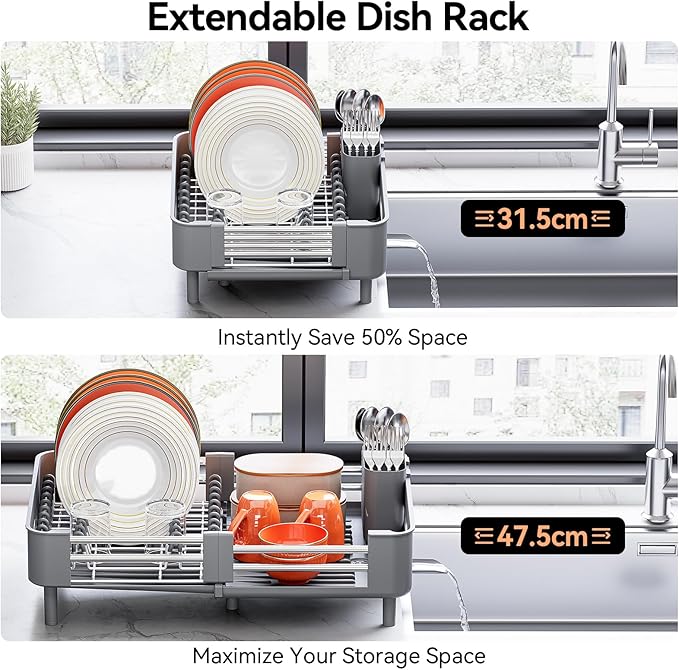 Urackify Stainless Steel Dish Drying Rack - Dish Drainer for Kitchen Counter, Extendable Drainboard with Foldable, Space-Saving Cup & Bowl Organizer, Includes Knife and Utensil Holder, Gray - Image 3