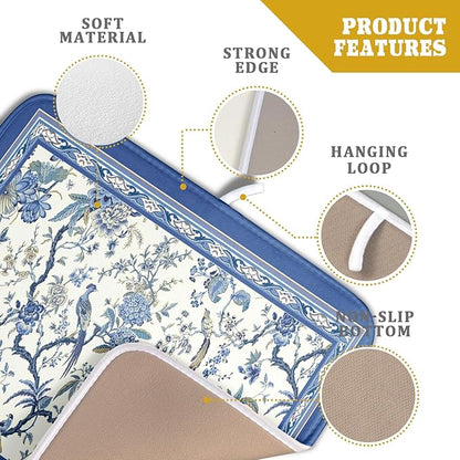Giwawa Chinoiserie Dish Drying Mat 16x18in Blue White Oriental Floral Birds Kitchen Drainer Mats Porcelain Flowers Reversible Microfiber Dish Drying Pad Small for Countertop Home Decor
