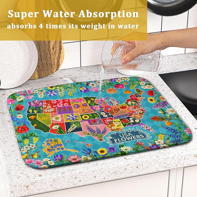 Flower Map Dish Drying Mat American Floral Decoration Coffee Mat for Kitchen Counter - Image 7
