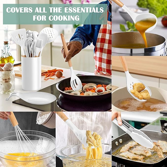 E-far White Cooking Utensils Set with Holder, 25-Piece Silicone Kitchen Utensil Set with Wooden Handle for Nonstick Cookware, 446°F Heat Resistant Kitchen Tool Spatula Tongs Whisk, Non-toxic & Healthy - Image 6