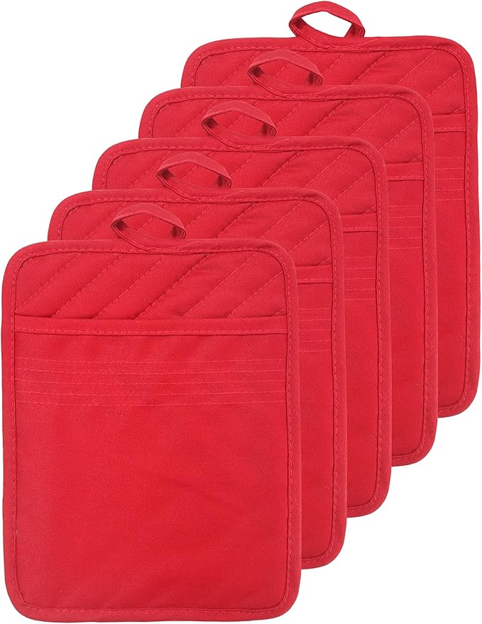 Oven Pot Holder with Pocket Cotton Heat Resistant Coaster Potholder Kitchen Hot Pad Oven Mitts for Cooking Square 7"x9"Set of 5 (Red) by VEIKERY