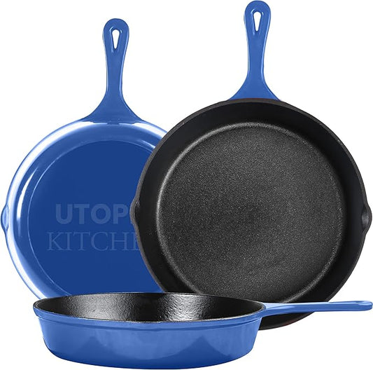 Utopia Kitchen Cast iron Skillets 3 Piece Set, Chefs Pan, Pre Seasoned Cast iron Skillets, 6, 8 & 10 Inches, Easy Use in the Oven, Stove, Grill, or Campfire, Blue by UTOPIAKITCHEN