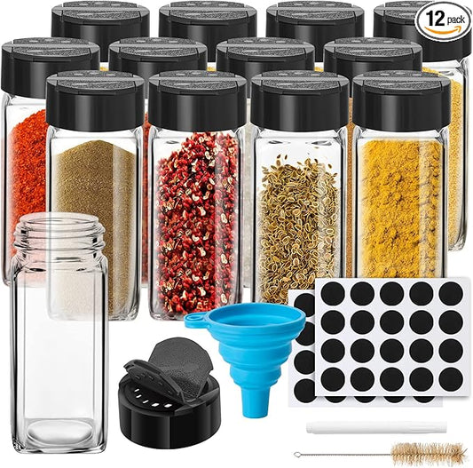 Saiveina 12 Pack Glass Spice Jars with Labels, 4oz Spices Containers Spice Jars with Black Shaker Lids, Empty Containers for Spice, Silicone Funnel and Pen Included by Saiveina