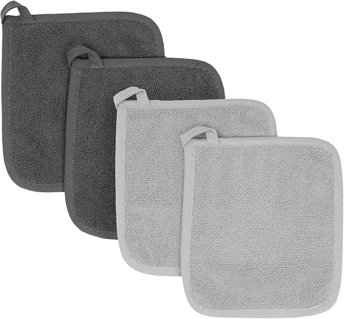 RITZ Terry Potholder & Hot Pad: Unparalleled Heat Resistant, Durable 100% Cotton – Ergonomically Designed for Optimal Grip – Easy-Care Machine Washable – 4-Pack, Titanium/Graphite by Ritz+Foodservice