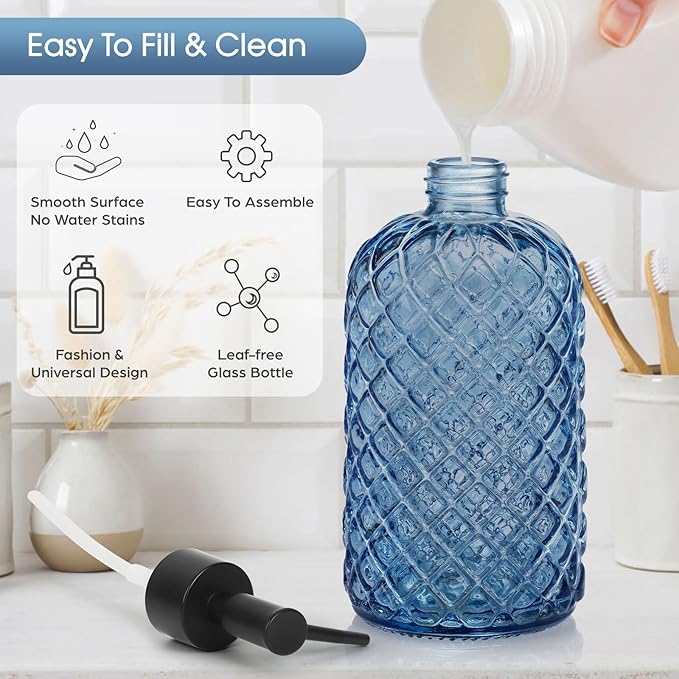 Topsky Gem Glass Soap Dispenser with Black Plastic Pump, 13oz Liquid Hand Soap Dispenser, Rustproof Pump for Kitchen & Bathroom, Great for Lotions, Essential Oil, Liquid Soaps-Blue - Image 2