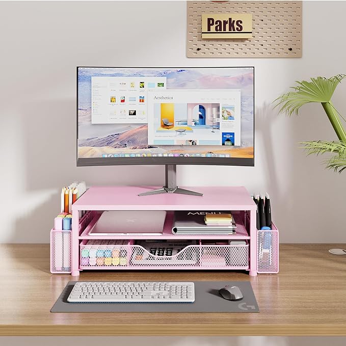OPNICE Desk Organizers and Accessories, 2-Tier Computer Monitor Stand Riser with Drawer and 2 Pen Holders, Laptop Stand, Office Desk Accessories & Office Decor for Women, Pink - Image 2