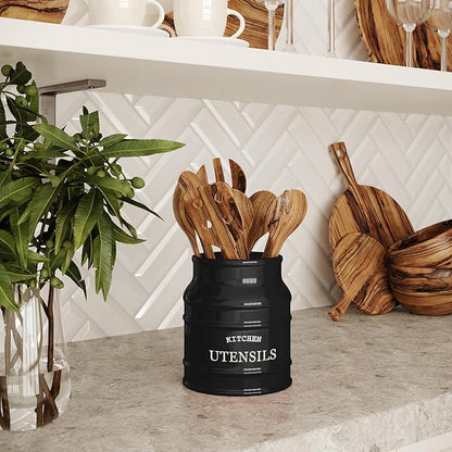 Barnyard Designs Ceramic Farmhouse Utensil Holder for Kitchen Counter, Large Rustic Utensil Crock, Countertop Cooking Tool Spatula Organizer, 6.75” (Black) - Image 7
