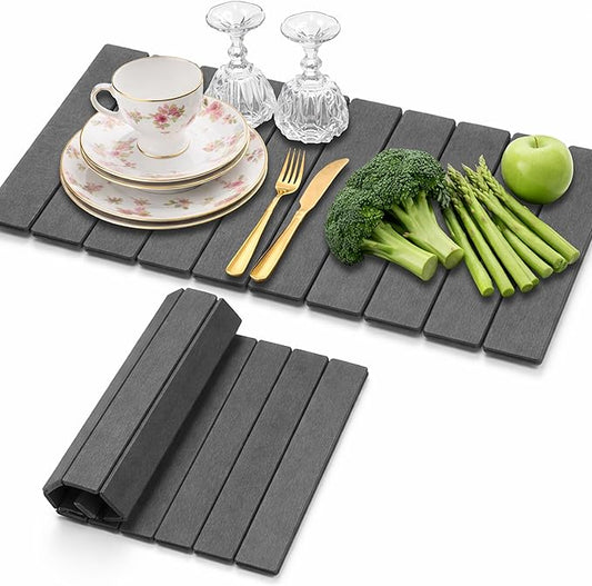 Stone Dish Drying Mat for Kitchen Counter, Easy to Clean Fast Absorbing Collapsible Quick Dry & 24” 16” (Smooth Dark Gray)