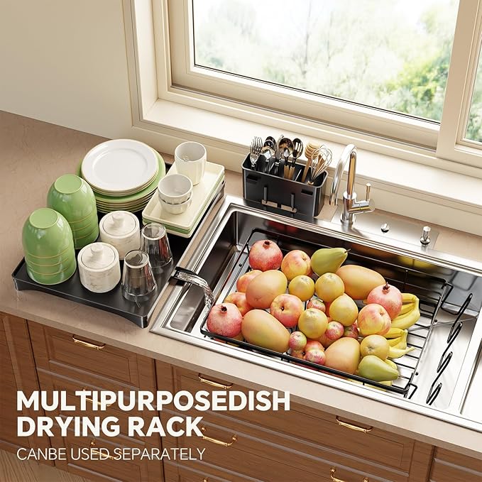 Simple Trending Dish Drying Rack for Kitchen Counter, Rust-Resistant Dish Rack, Large Dish Drainer Organizer with Cutlery Holder & Cup Holders, Black - Image 7