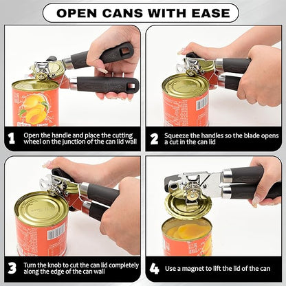 Manual Can Opener with Magnet – Heavy Duty Hand Can & Bottle Opener, Stainless Steel Blade Smooth Edge Cutter, Ergonomic Rubber Grip, Easy Turn Kitchen Tool for Seniors, Arthritis Friendly (Black)