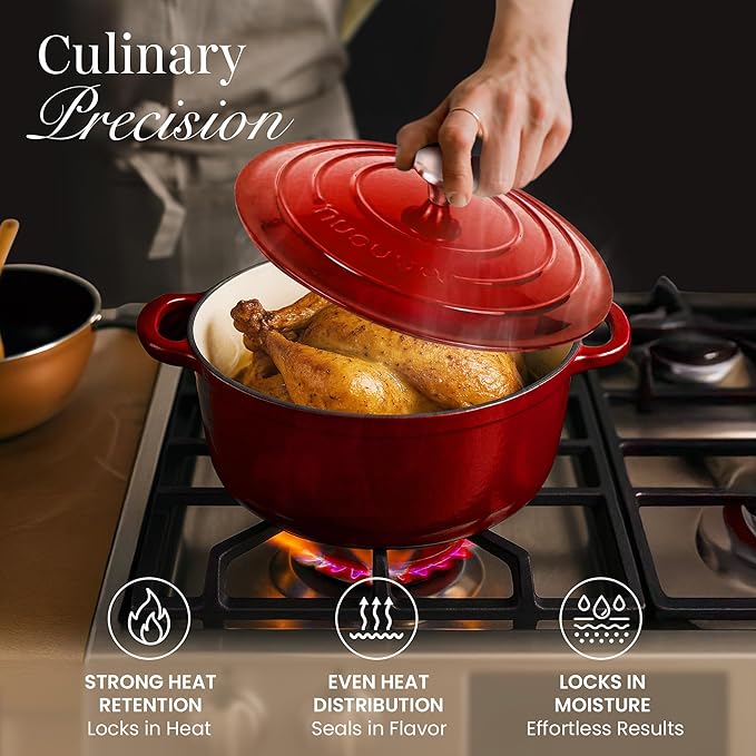 Cast Iron Pot with Lid – Non-Stick Ovenproof Enamelled Casserole Pot, Oven Safe up to 500° F – Sturdy Dutch Oven Cookware – Red, 5-Quart, 24cm – by Nuovva - Image 6
