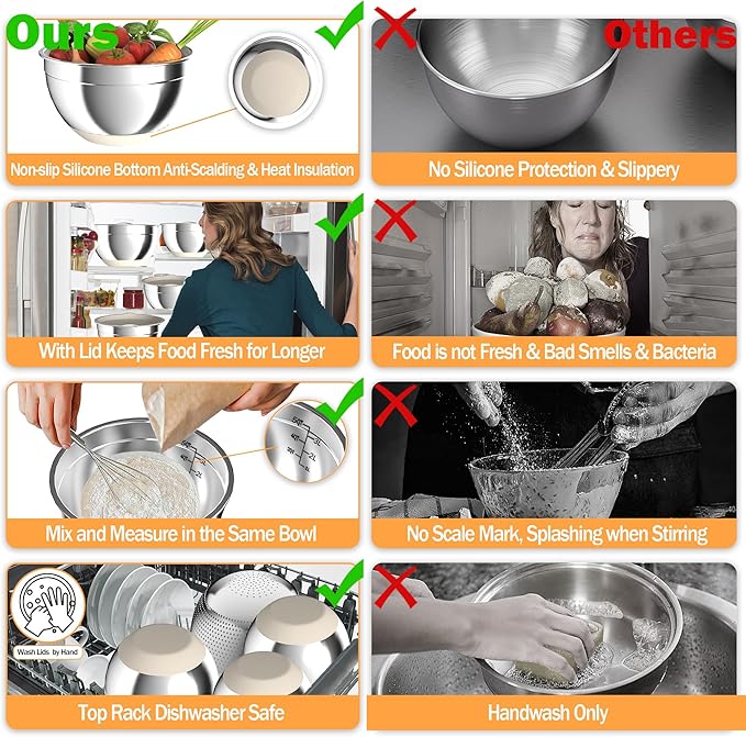 Nicdiet Mixing Bowls with Airtight Lids, Stainless Steel Mixing Bowl Set with 3 Metal Nesting Bowls, Colander & Grater, Non-Slip Bottoms, Size 1.5, 2.5, 5 QT, Great for Mixing & Serving, Khaki - Image 3