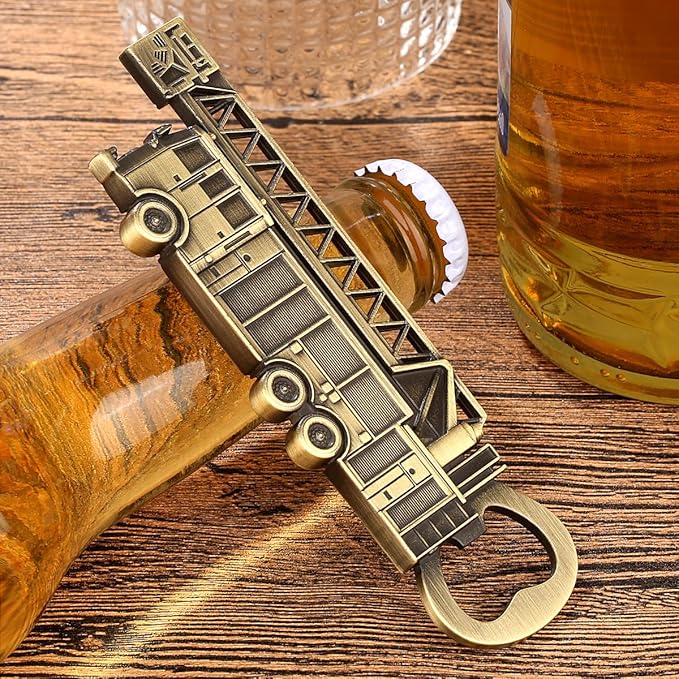 Fire Truck Bottle Opener – Firefighter Gifts for Men, Dad, Grandpa – Bronze Fire Truckt-Shaped Bar Accessory with Gift Bag – Perfect for Birthday Fathers Day Christmas BBQ Camping