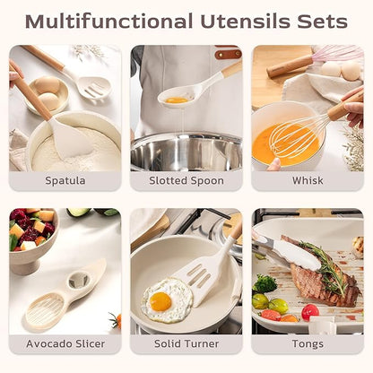 Astercook Kitchen Utensils set, 39 PCS Silicone Cooking Utensils Set with Wooden Handle, 446°F Heat Resistant Food Grade Utensil Sets, BPA Free Kitchen Gadgets Tools Set for Mothers Day Gifts - Image 6