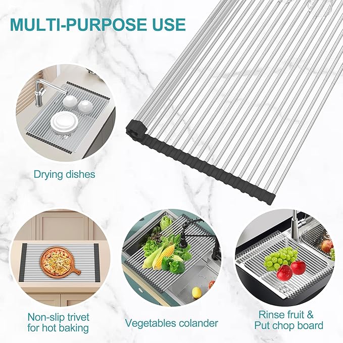 BBXTYLY Extra Large Expandable Roll Up Dish Drying Rack,Over The Sink Drying Rack Sink Cover Kitchen Sink Accessories Kitchen Rolling up Stainless Steel Drainer, Foldable,Rollable（Black，25.1''-17.3''） - Image 5