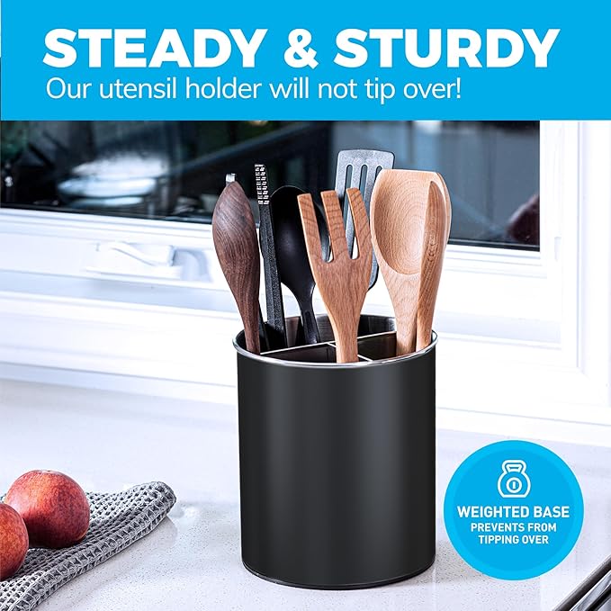Cooler Kitchen Black Rotating Extra Large Stainless Steel Utensil Holder Caddy with Sturdy No-Tip Weighted Base, Removable Divider, and Gripped Insert - Dishwasher Safe Metal Cooking Utensil Holder - Image 4