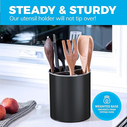 Cooler Kitchen Black Rotating Extra Large Stainless Steel Utensil Holder Caddy with Sturdy No-Tip Weighted Base, Removable Divider, and Gripped Insert - Dishwasher Safe Metal Cooking Utensil Holder - Image 4