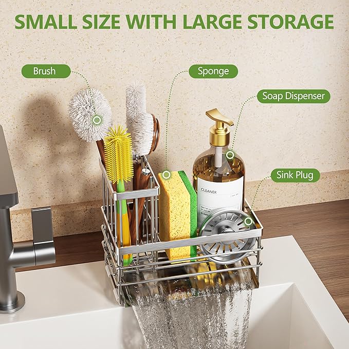 Cisily Sink Caddy Sponge Holder for Kitchen with Brush Holder and Stainless Steel Self Drain Tray, Rustproof Kitchen Sink Organizer for Sponge, Soap Dispenser Storage Accessories (Stainless Steel) - Image 3