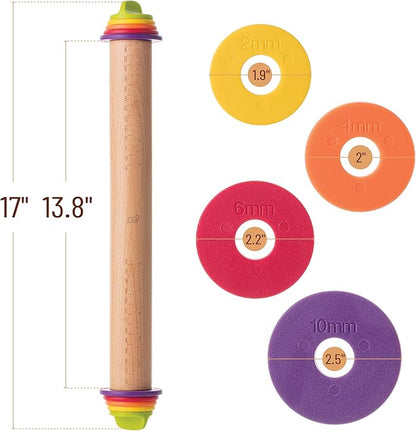 BAMBOO LAND- Adjustable Rolling Pin with Thickness Rings for Baking, 13.8", 4 Colorful Thickness Rings (2-10 mm or 1/16"-3/8"), Wood Rolling Pins for Baking, Bread, Pizza Doughs - Image 2