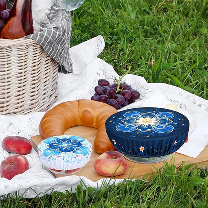 5 Pieces Bowl Covers Reusable, 5 Size Elastic Cloth Bowl Covers for Bread Proofing Food Covers Washable for Food Fruits Leftover (Dark Blue Floral) - Image 4