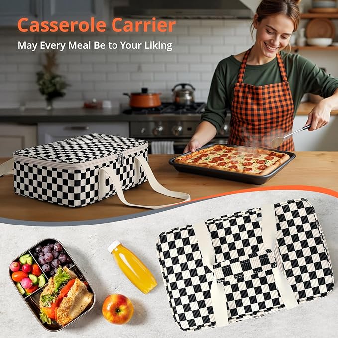 Insulated Casserole Carrier for Hot or Cold Food,Pie Carrier Bag Lunch Bag Tote for Potluck Parties/Picnic/Cookouts, Fits 9"x13" Baking Dish,Corduroy Black Checkered