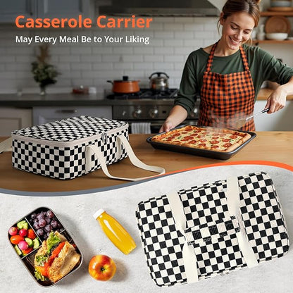 Insulated Casserole Carrier for Hot or Cold Food,Pie Carrier Bag Lunch Bag Tote for Potluck Parties/Picnic/Cookouts, Fits 9"x13" Baking Dish,Corduroy Black Checkered