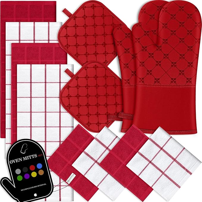 Oven Mitts Kitchen Towels Dishcloths with Pot Holders Sets 12PCS, Dish Towels Sets, Oven Gloves Pot Pads Heat Resistant 500 Degrees with Non-Slip Silicone Surface for Cooking Baking Grilling Red by BSKSSK