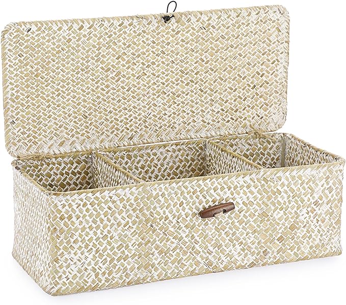 Hipiwe Seagrass Storage Basket Bin 3 Sections Hand-Woven Wicker Baskets with Lid Bathroom Basket Toilet Tank Baskets Holder for Organize Snack Tissue, Whitewash