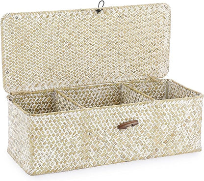 Hipiwe Seagrass Storage Basket Bin 3 Sections Hand-Woven Wicker Baskets with Lid Bathroom Basket Toilet Tank Baskets Holder for Organize Snack Tissue, Whitewash